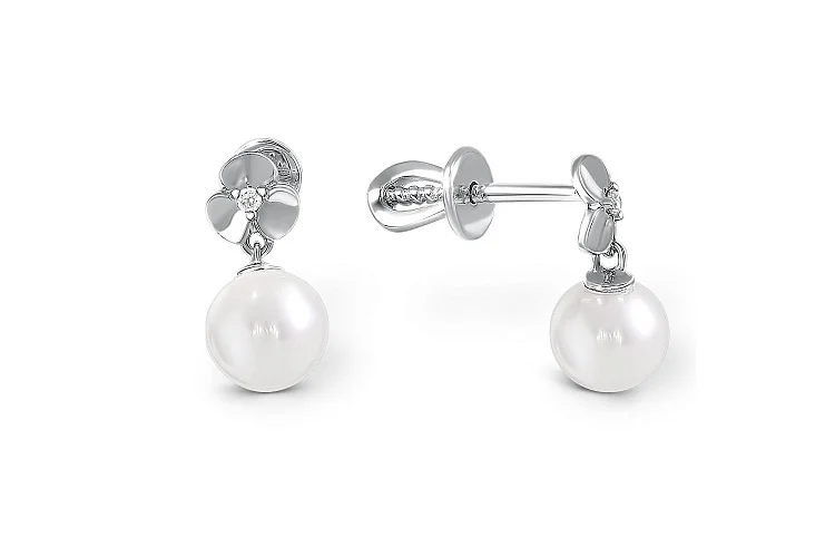Серьги-пусеты Цветы из белого золота с 2 жемчужинами и 2 фианитами