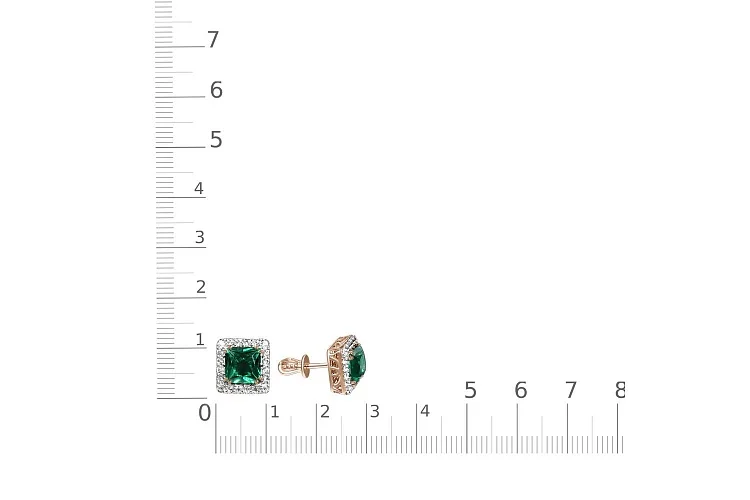 Серьги-пусеты из красного золота с 2 изумрудами и 40 фианитами
