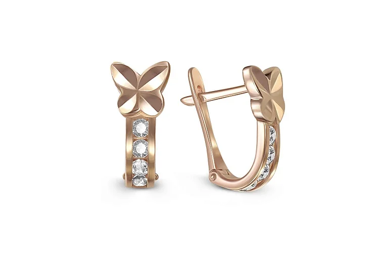 Детские серьги Бабочки из красного золота с 8 фианитами