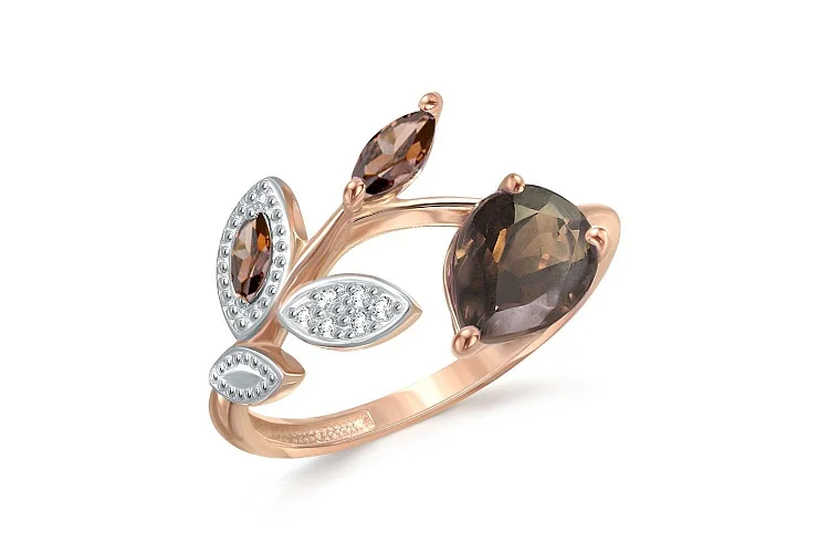 Кольцо Веточка из красного золота с раухтопазом и 8 фианитами