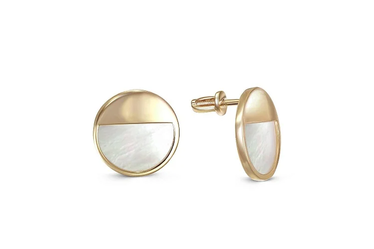 Серьги-пусеты Круги из жёлтого золота с перламутром