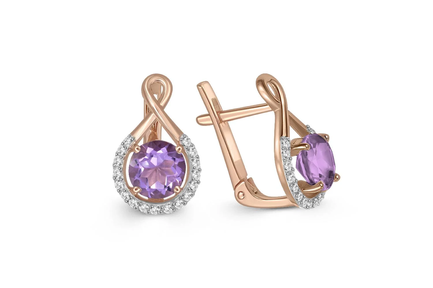 Серьги из красного золота с 2 аметистами и 34 фианитами