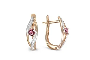 Серьги из красного золота с 2 родолитами и 16 фианитами