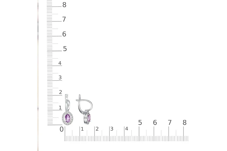 Серьги из белого золота с 2 аметистами и 32 фианитами