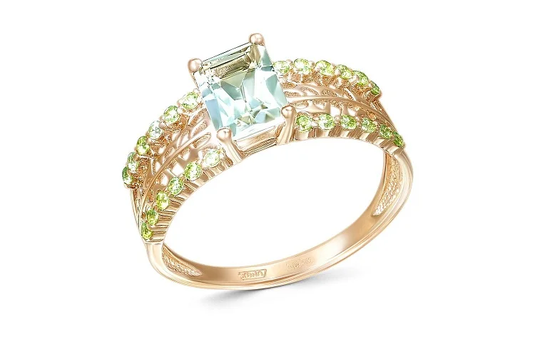 Кольцо из красного золота с празиолитом и 24 фианитами