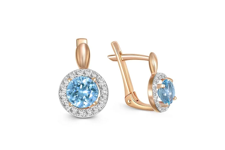 Серьги из красного золота с 2 топазами swiss и 32 фианитами