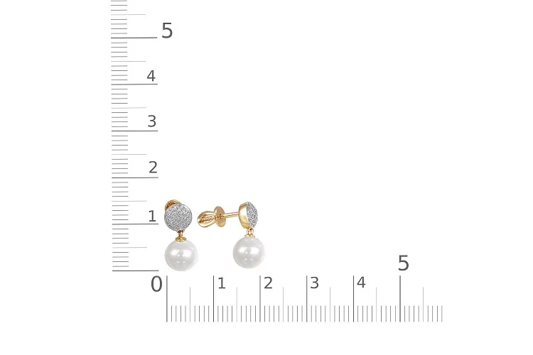 Серьги-пусеты из жёлтого золота с 2 жемчужинами и 62 фианитами
