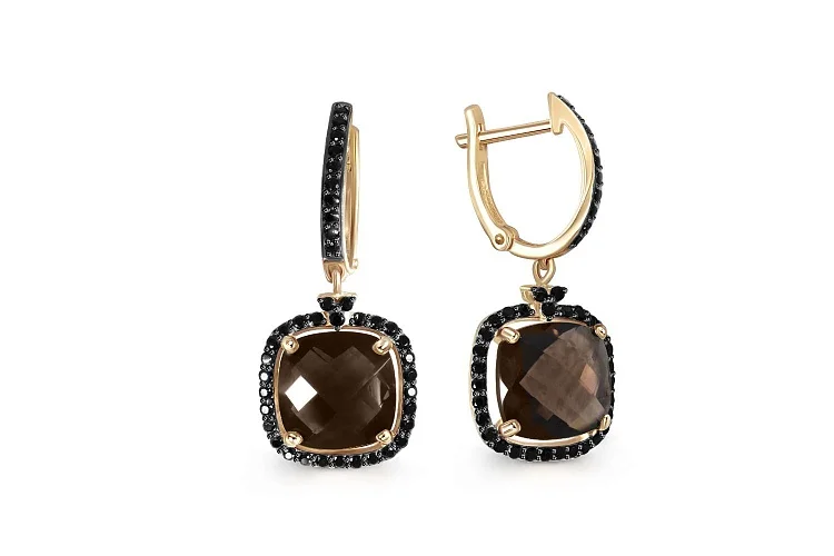 Серьги из жёлтого золота с 2 раухтопазами и 78 фианитами