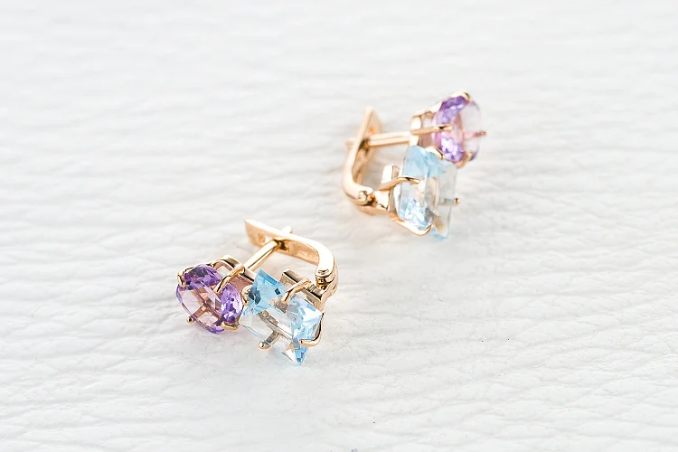 Серьги из красного золота с 2 топазами sky и 2 аметистами