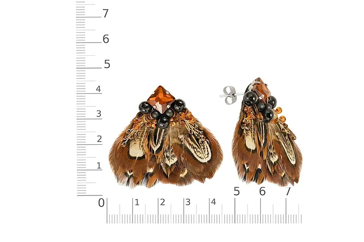 Бижутерные серьги-пусеты Перья фазана коричневый
