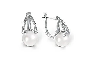 Серьги из белого золота с 2 жемчужинами и 42 фианитами