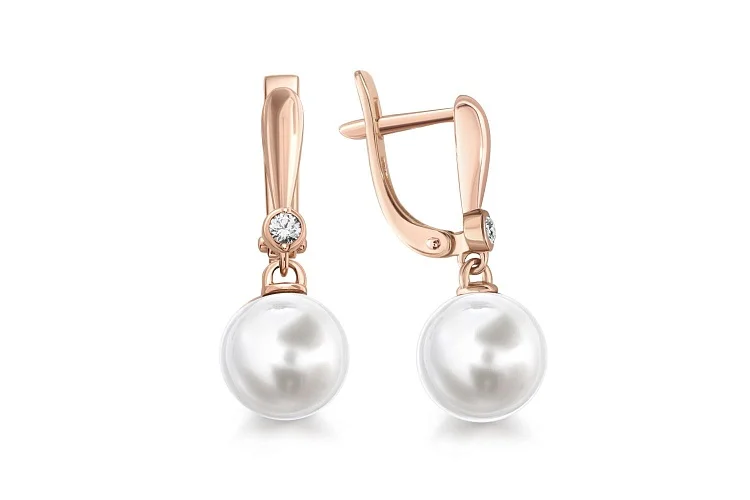 Серьги из красного золота с 2 жемчужинами и 2 фианитами