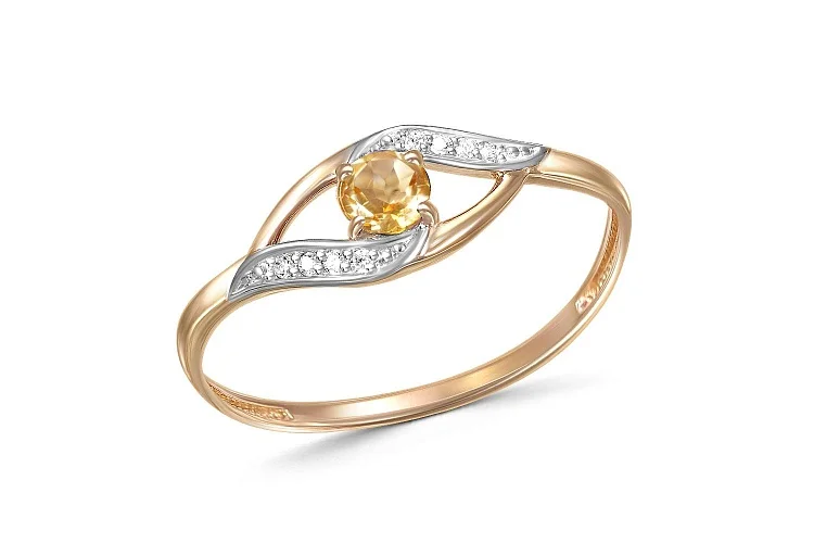 Кольцо из красного золота с цитрином и 8 фианитами