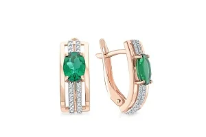 Серьги из красного золота с 2 изумрудами и 40 фианитами