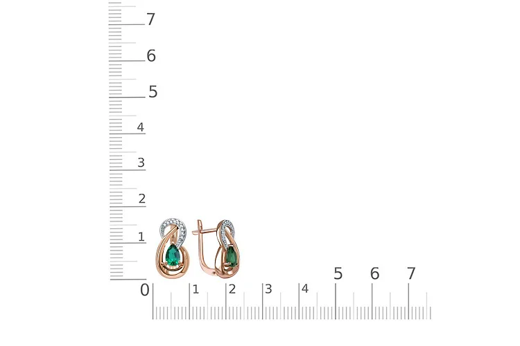 Серьги из красного золота с 2 изумрудами и 18 фианитами