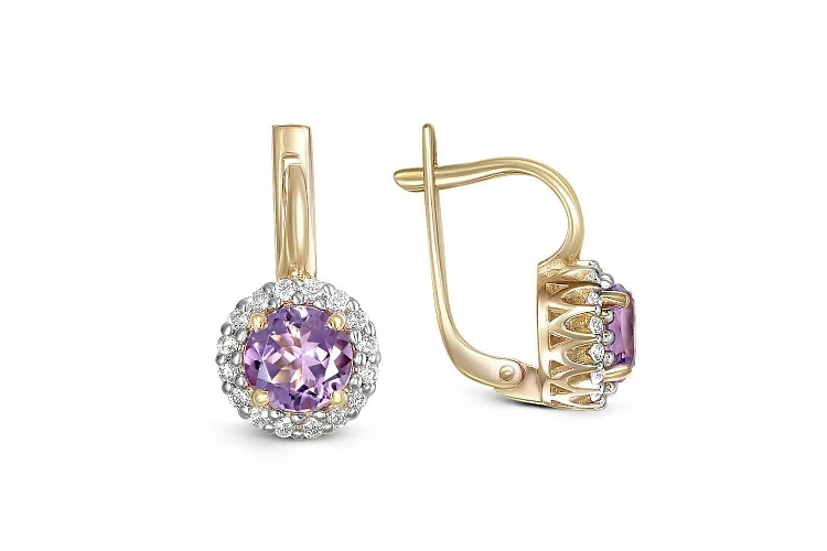 Серьги из жёлтого золота с 2 аметистами и 32 фианитами