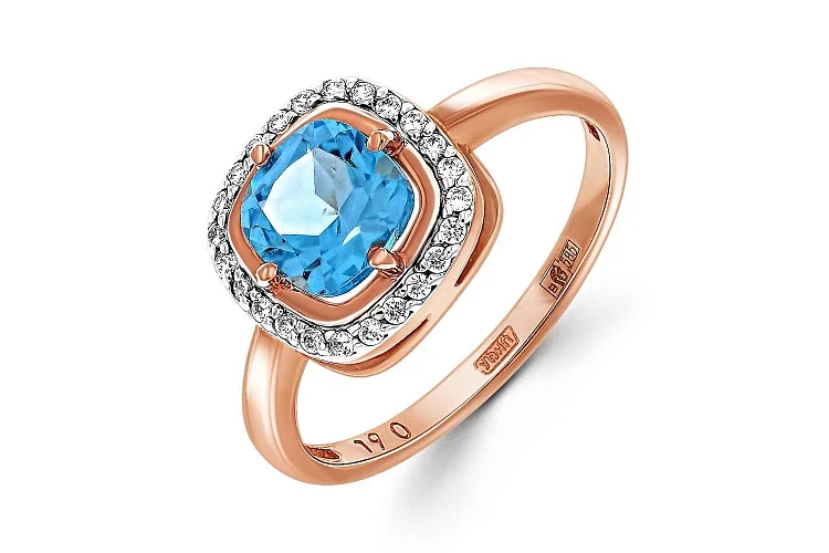 Кольцо из красного золота с топазом swiss и 24 фианитами
