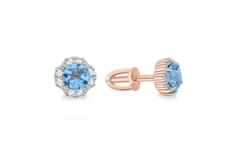 Серьги-пусеты из красного золота с 2 топазами swiss и 16 фианитами