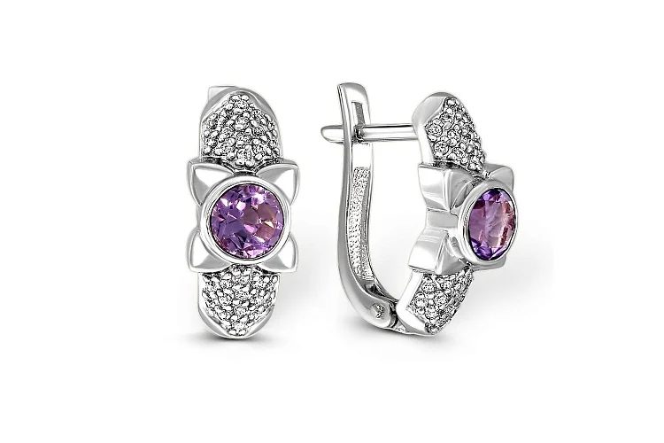 Серьги из белого золота с 2 аметистами и 56 фианитами