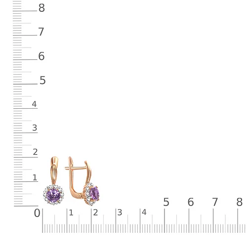 Серьги из красного золота с 2 аметистами и 20 фианитами