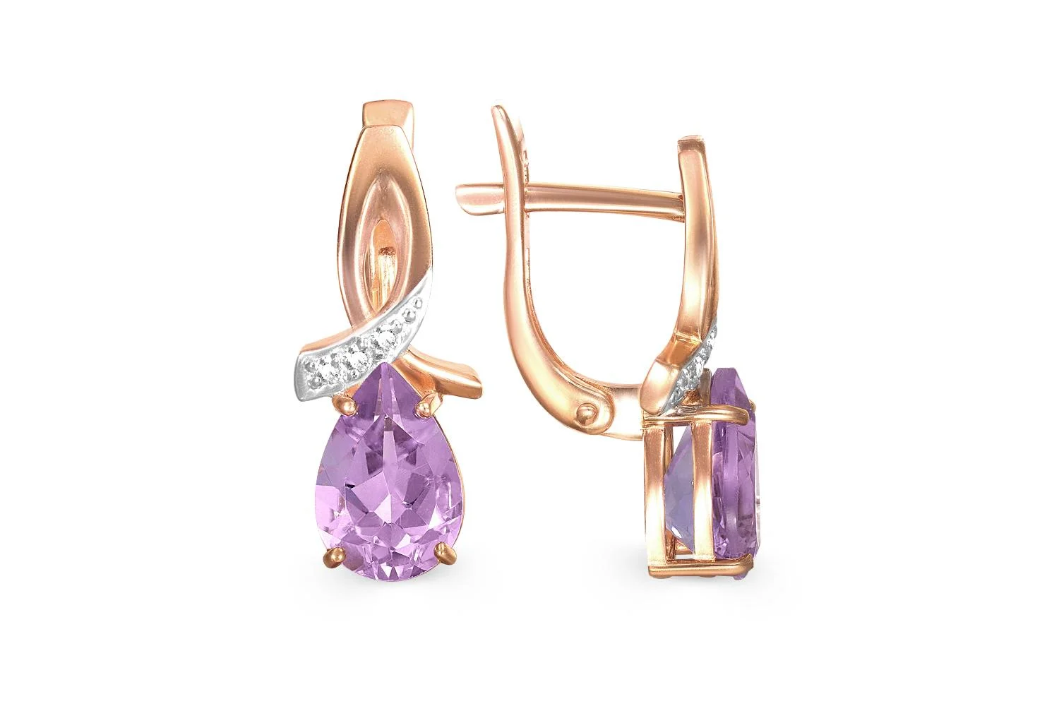 Серьги из красного золота с 2 аметистами и 6 фианитами