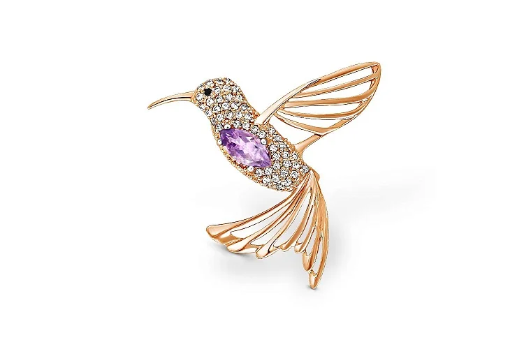 Брошь Колибри из красного золота с аметистом и 48 фианитами