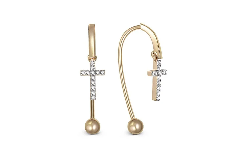 Серьги Кресты из жёлтого золота с 24 фианитами
