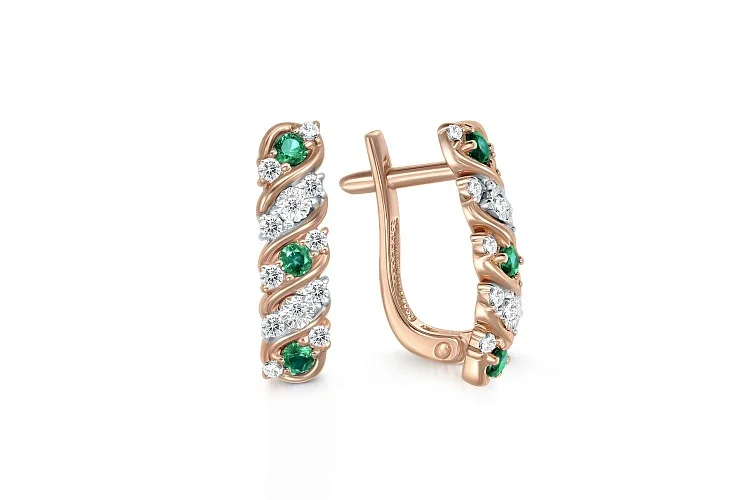 Серьги из красного золота с 6 изумрудами и 24 бриллиантами