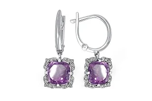 Серьги из белого золота с 2 аметистами и 40 фианитами