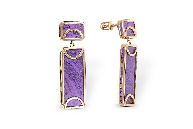 Серьги-пусеты Прямоугольники из красного золота с 4 чароитами