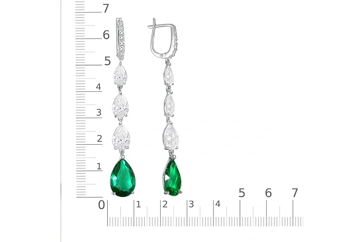 Серьги из белого золота с 2 изумрудами и 20 фианитами