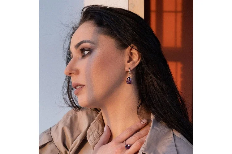 Серьги из красного золота с 2 аметистами