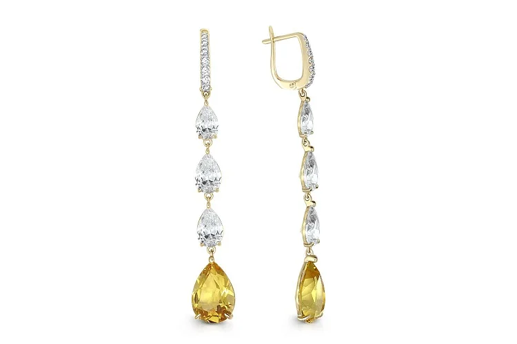 Серьги из жёлтого золота с 2 кварцами и 20 фианитами