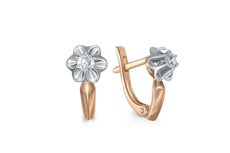Серьги Цветы из красного золота с 2 фианитами