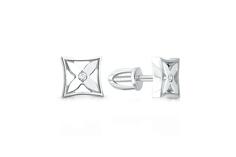 Серьги-пусеты Клевер из жёлтого золота с 2 фианитами