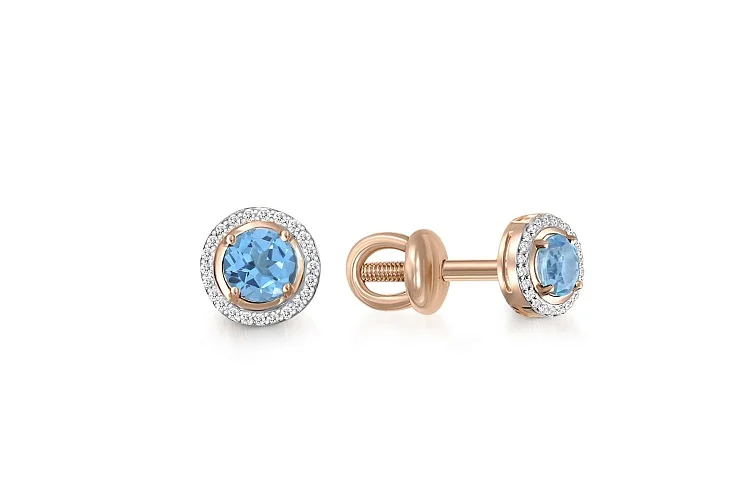 Серьги-пусеты из красного золота с 2 топазами swiss и 46 фианитами