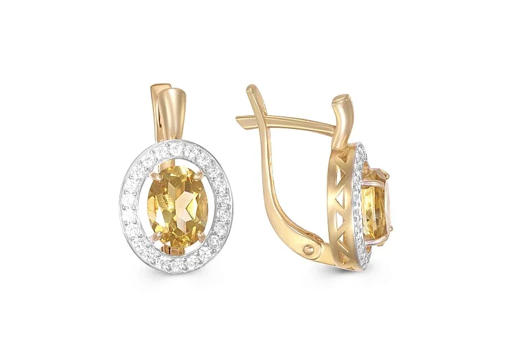 Серьги из красного золота с 2 цитринами и 44 фианитами