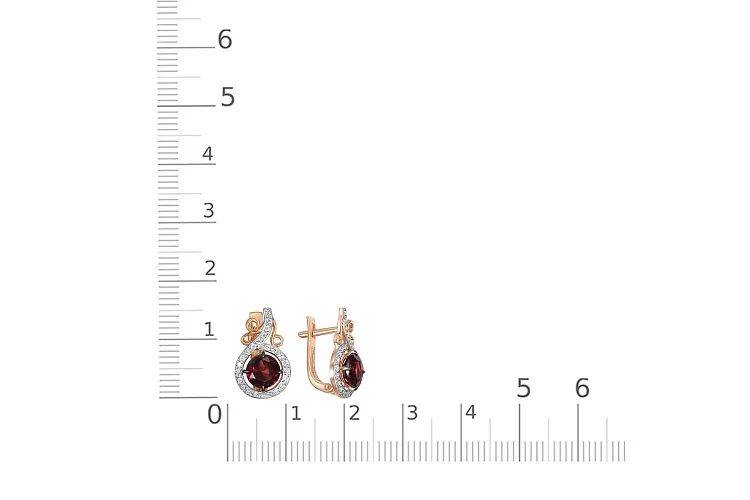 Серьги из красного золота с 2 гранатами и 44 фианитами