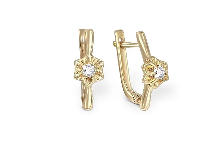 Серьги Цветы из жёлтого золота с 2 фианитами
