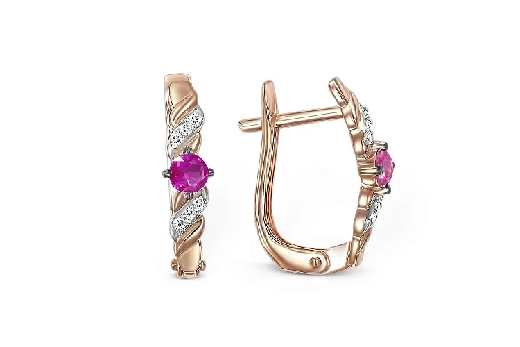 Серьги из красного золота с 2 рубинами и 12 бриллиантами