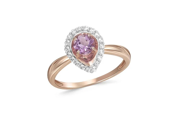 Кольцо из красного золота с аметистом и 19 фианитами