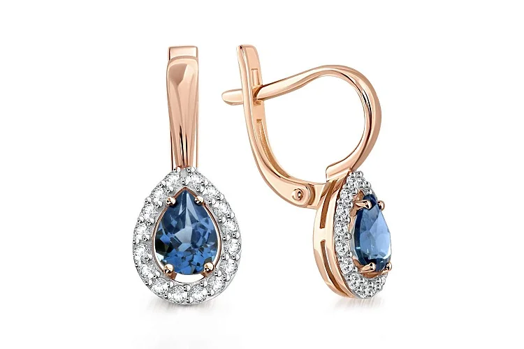 Серьги из красного золота с 2 топазами лондон и 32 фианитами