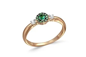 Кольцо из красного золота с изумрудом и 14 бриллиантами