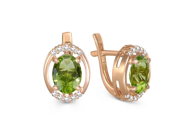 Серьги из красного золота с 2 хризолитами и 20 фианитами