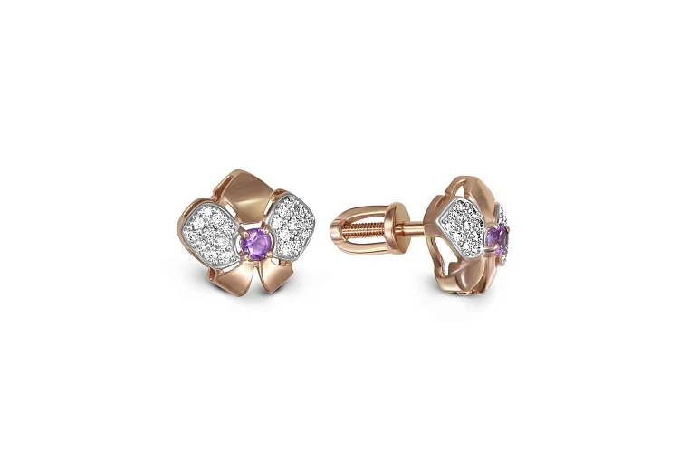 Серьги-пусеты Цветы из красного золота с 2 аметистами и 40 фианитами