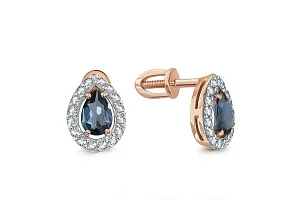 Серьги-пусеты из красного золота с 2 топазами лондон и 32 фианитами