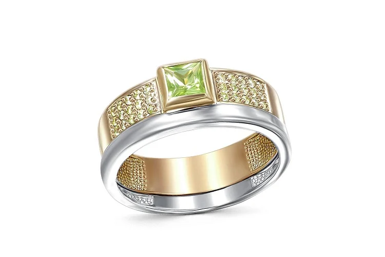 Кольцо из жёлтого золота с хризолитом и 30 фианитами