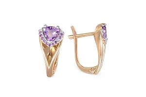 Серьги из красного золота с 2 аметистами и 22 фианитами