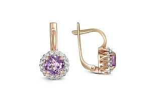 Серьги из красного золота с 2 аметистами и 32 фианитами