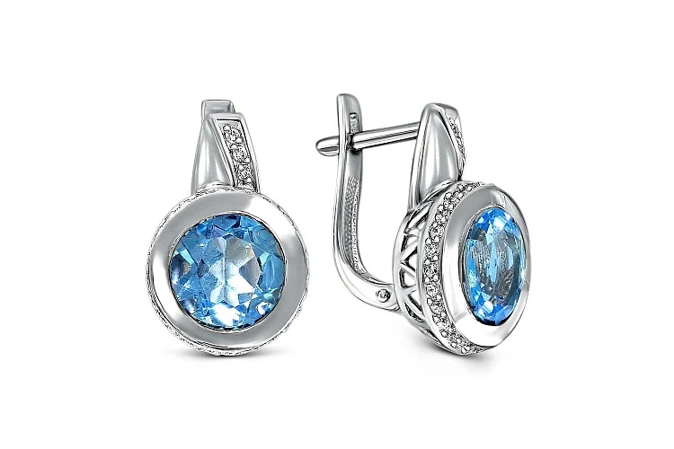 Серьги из белого золота с 2 топазами swiss и 58 фианитами